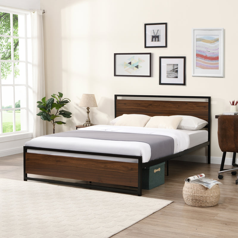 Industrial Platform Queen Bed Frame/Mattress Foundation with Rustic Headboard and Footboard, Strong Steel Slat Support, No Box Spring Needed, Noise Free, Easy Assembly