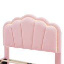 Upholstered Elegant Flowers Headboard With LED Light Strip, Platform Bed With Slats Support