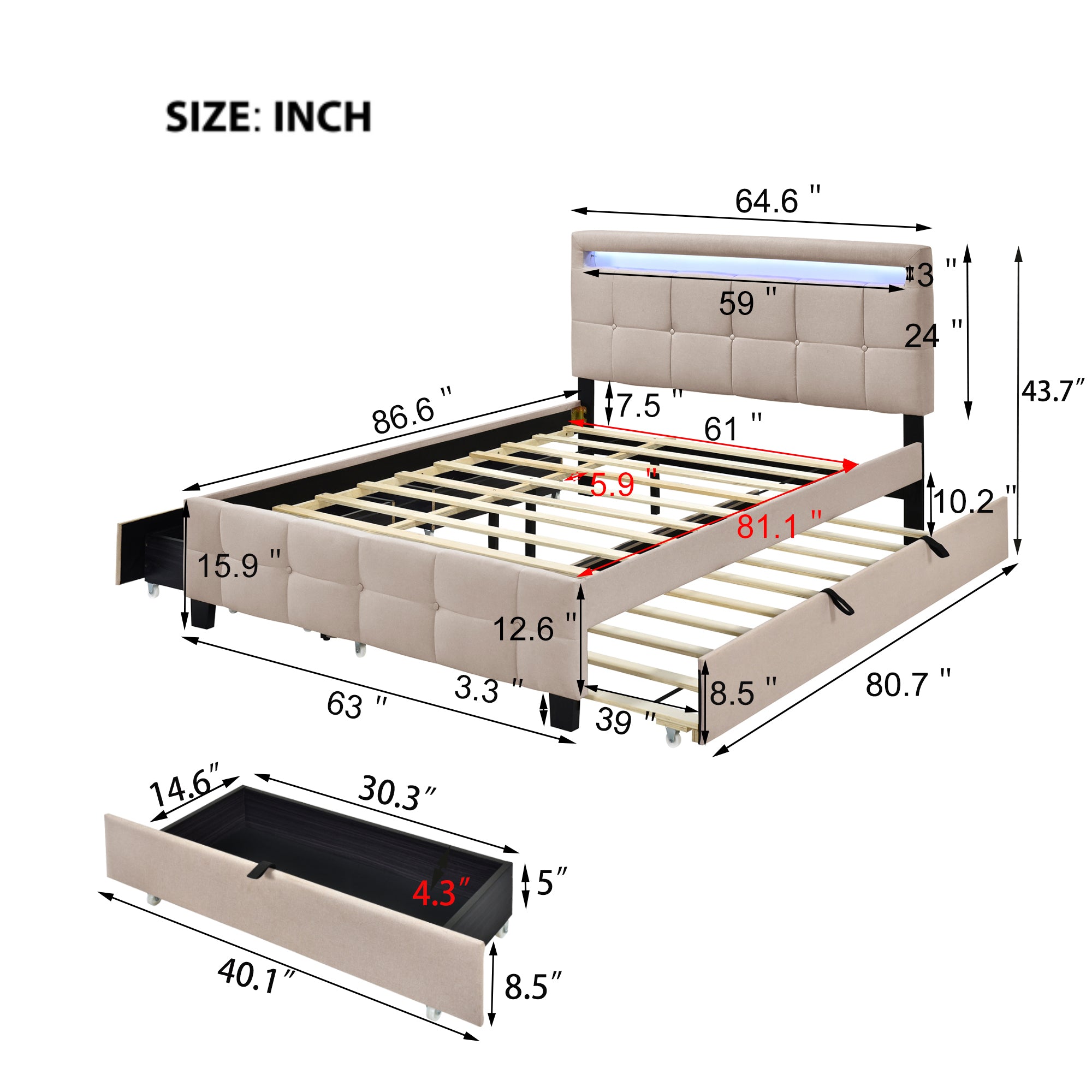 Queen Size Upholstered Platform Bed with LED Frame, with Twin XL Size Trundle and 2 drawers, Linen Fabric, Beige - Atlantic Fine Furniture Melbourne FL