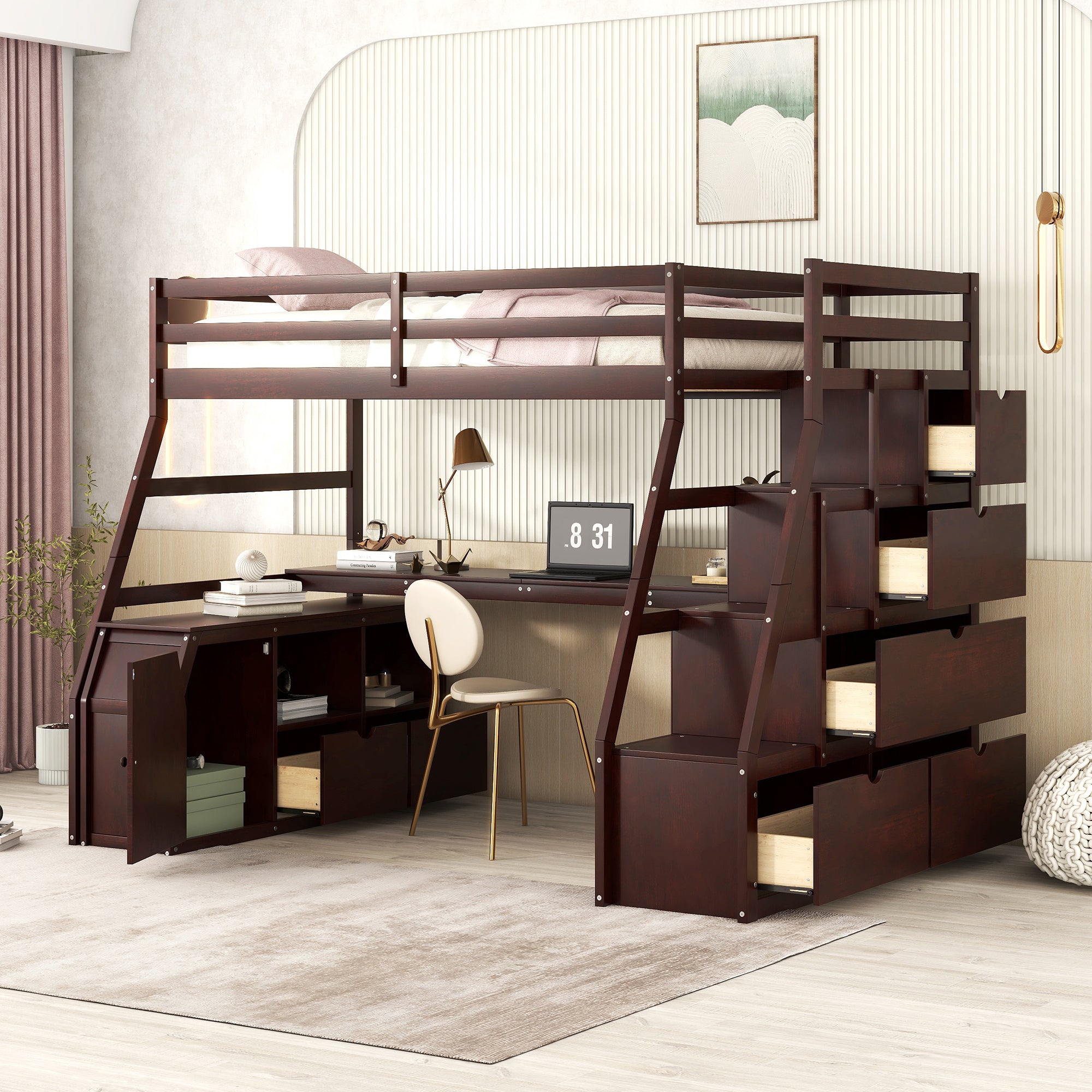 Twin Size Loft Bed with 7 Drawers 2 Shelves and Desk - Espresso - Atlantic Fine Furniture Melbourne FL