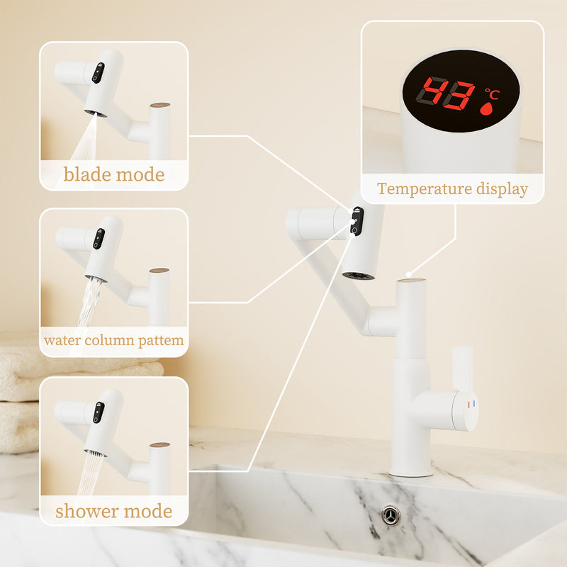 Modern Bathroom Sink Faucet With Spray Function, Temperature Display, Anti Skid Switch, Brass - White