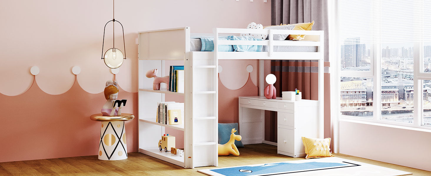 Full Size Loft Bed with Ladder, Shelves, and Desk, White - Atlantic Fine Furniture Melbourne FL
