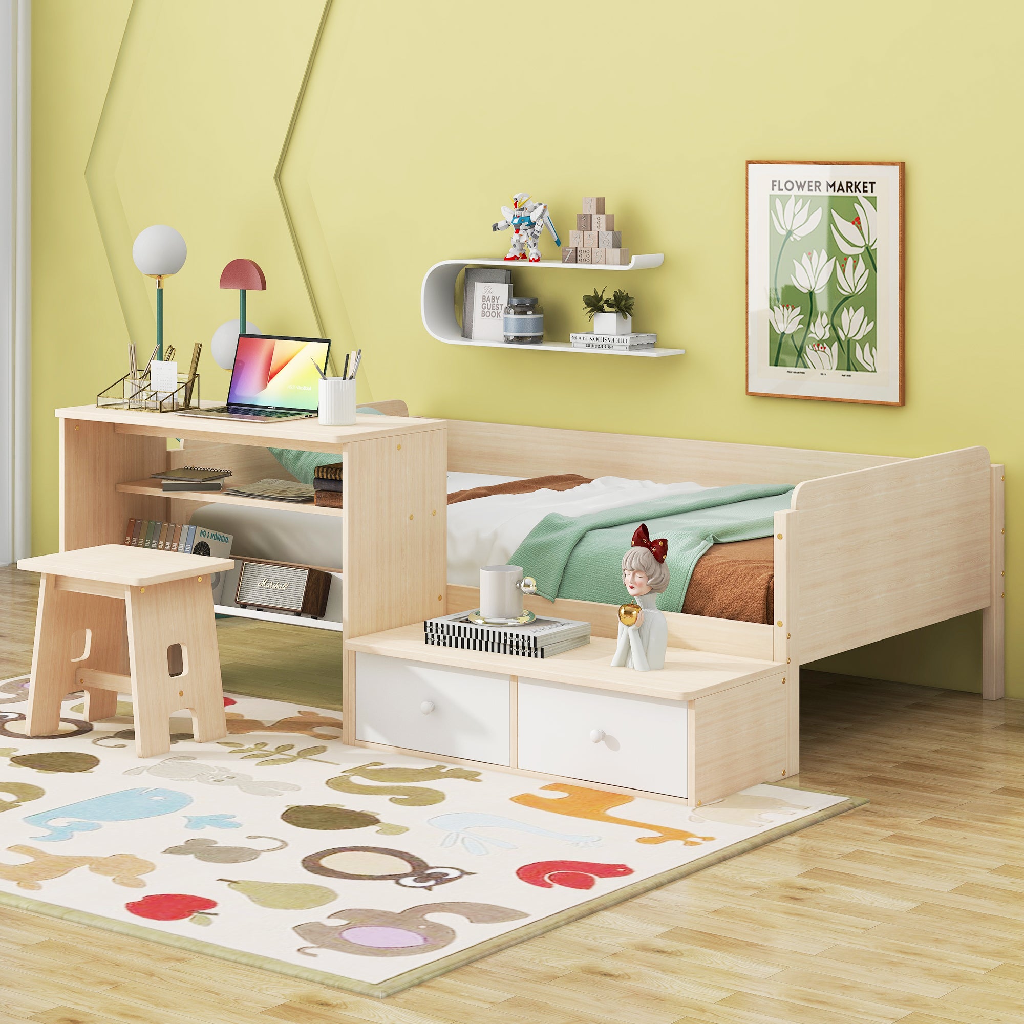 Wood Twin Size Platform Bed with 2 Drawers and 1 Chair&Desk Set, Natural+White - Atlantic Fine Furniture Melbourne FL
