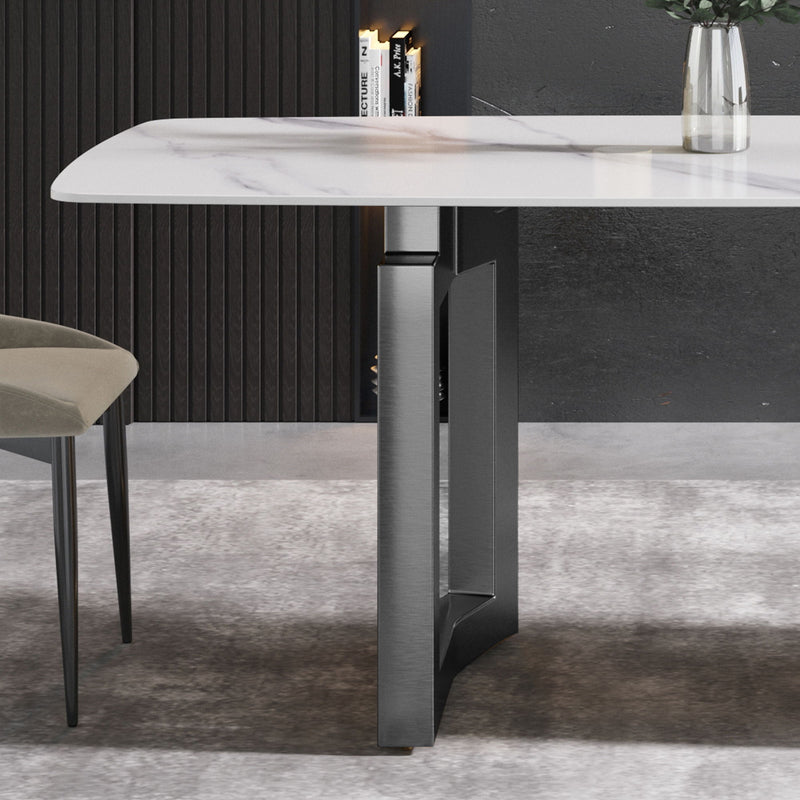 70.87" Modern Artificial Stone White Curved Black Metal Leg Dining Table - White / Black