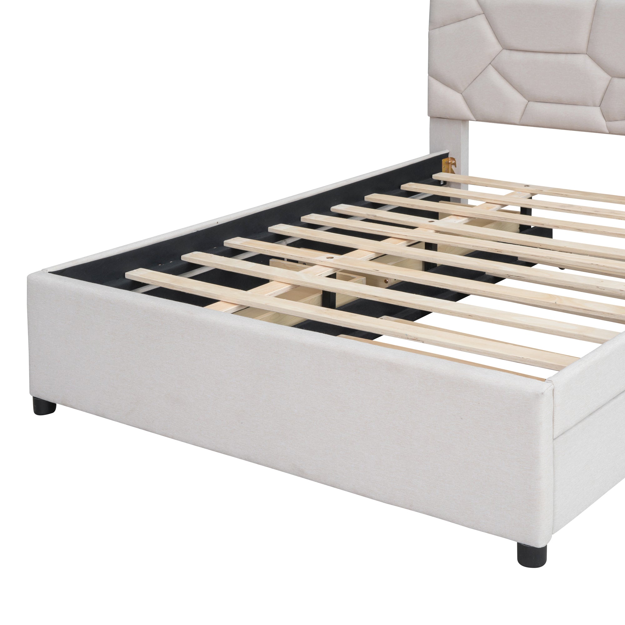Full Size Upholstered Platform Bed with Brick Pattern Headboard, with Twin Size Trundle and 2 Drawers, Linen Fabric, Beige - Atlantic Fine Furniture Melbourne FL