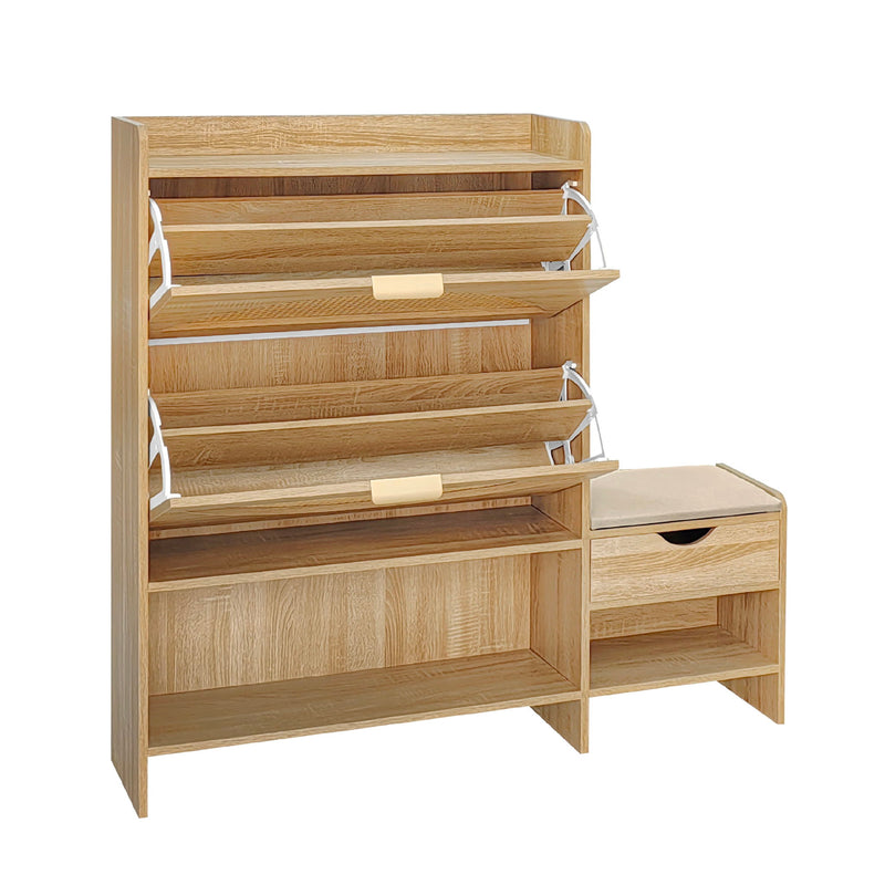Shoe Storage Cabinet Rattan Shoe Storage Organizer With 2 Flip Drawers, A Storage Drawer And A Bench For Entryway, And Hallway - Light Brown