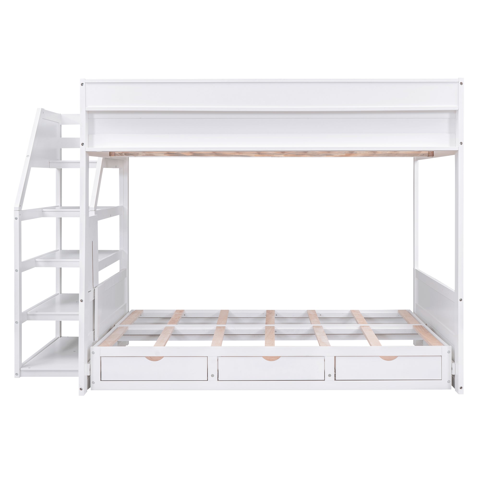 Wood Full Size Convertible Bunk Bed with Storage Staircase, Bedside Table, and 3 Drawers, White - Atlantic Fine Furniture Melbourne FL