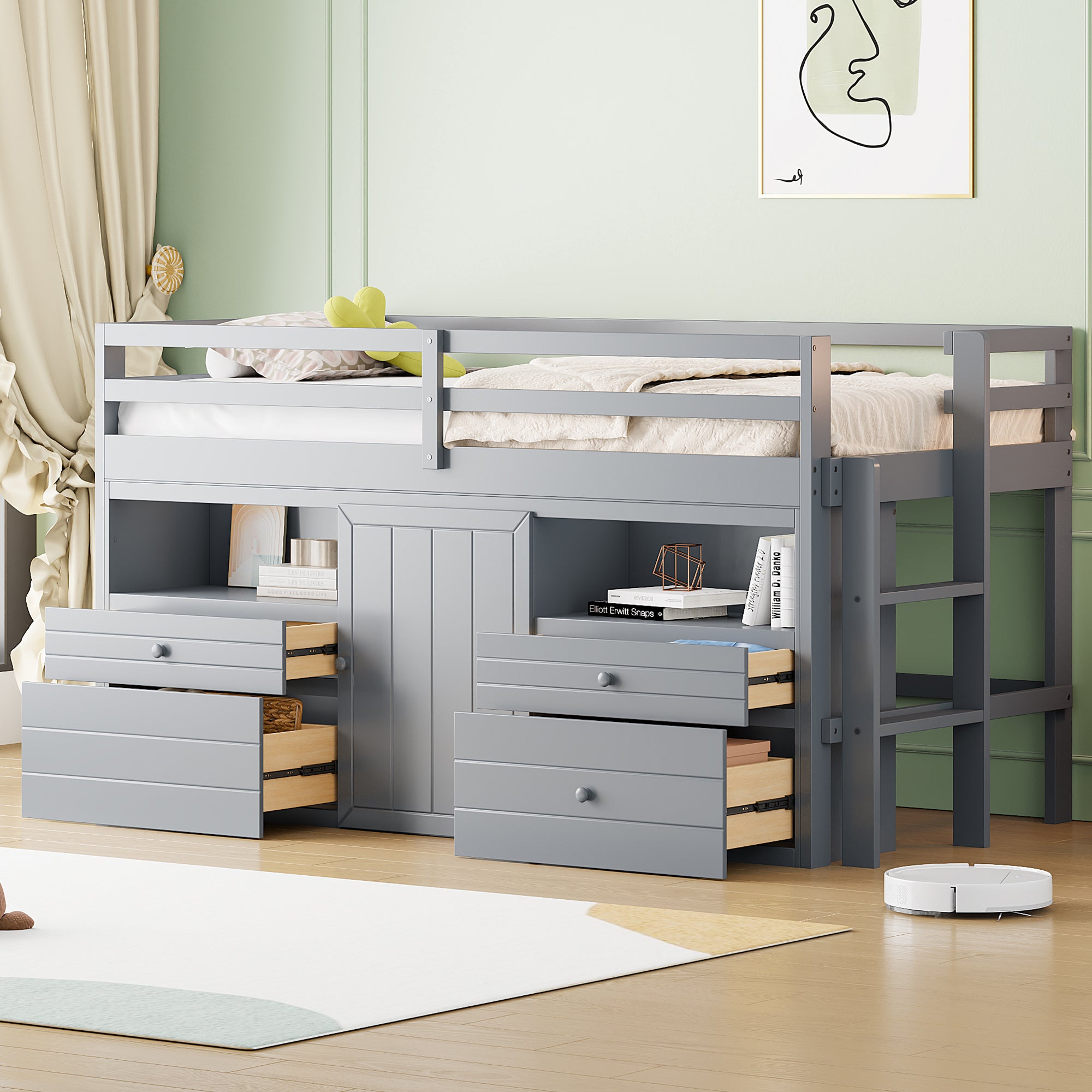 Twin Size Loft Bed with 4 Drawers, Underneath Cabinet and Shelves, Gray - Atlantic Fine Furniture Melbourne FL