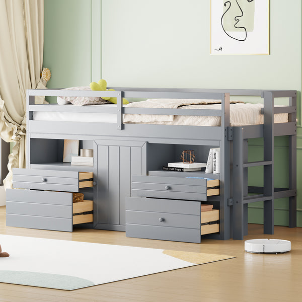Twin Size Loft Bed with 4 Drawers, Underneath Cabinet and Shelves, Gray