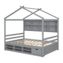 Full House Bed with Roof Frame, Bedside-shelves, Under Bed Storage Unit,Grey