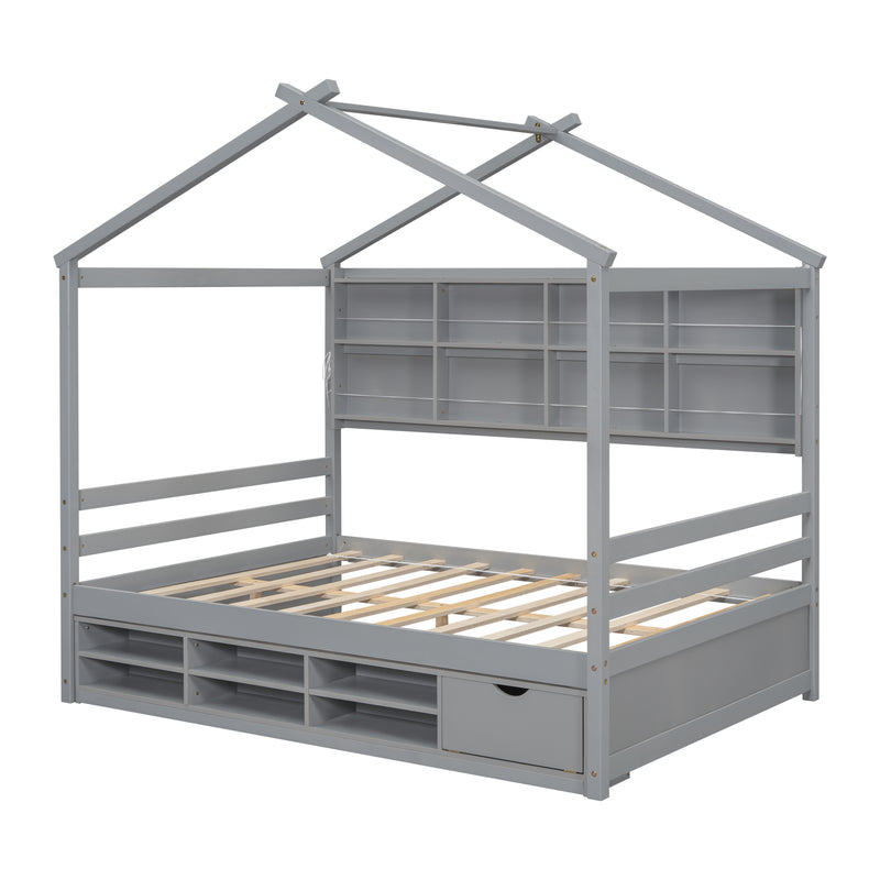 Full House Bed with Roof Frame, Bedside-shelves, Under Bed Storage Unit,Grey