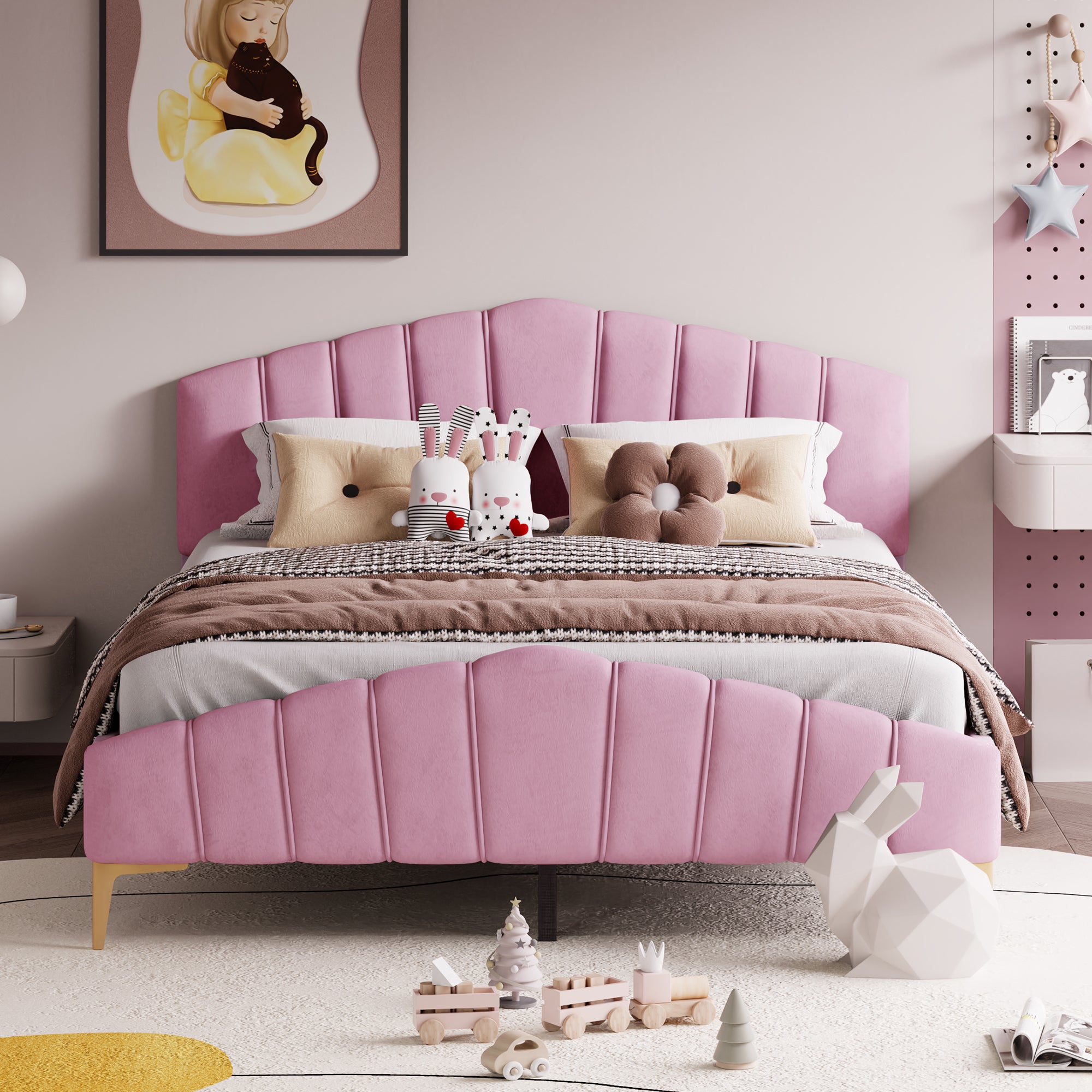 Queen Size Velvet Platform Bed with Thick Fabric, Stylish Stripe Decorated Bedboard and Elegant Metal Bed Leg, Pink - Atlantic Fine Furniture Melbourne FL