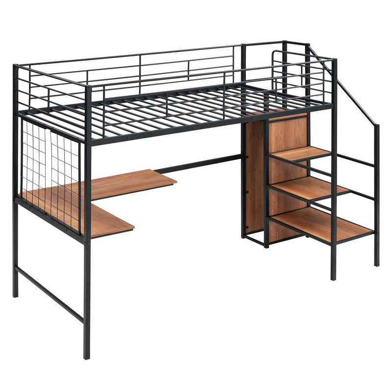 Loft Bed With Desk And Grid, Stylish Frame With Lateral Storage Ladder And Wardrobe