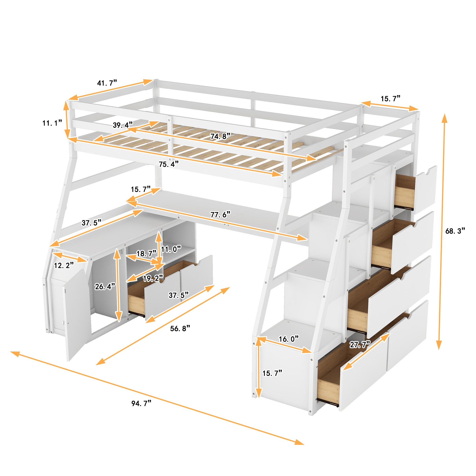 Twin Size Loft Bed with 7 Drawers 2 Shelves and Desk - White - Atlantic Fine Furniture Melbourne FL
