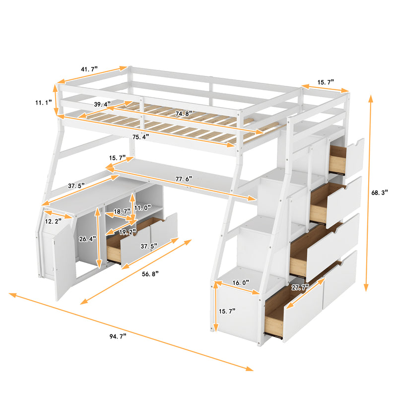 Twin Size Loft Bed with 7 Drawers 2 Shelves and Desk - White