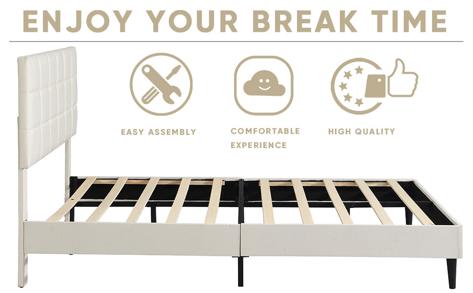 Full Size Platform Bed Frame with Fabric Upholstered Headboard and Wooden Slats, No Box Spring Needed/Easy Assembly, Beige