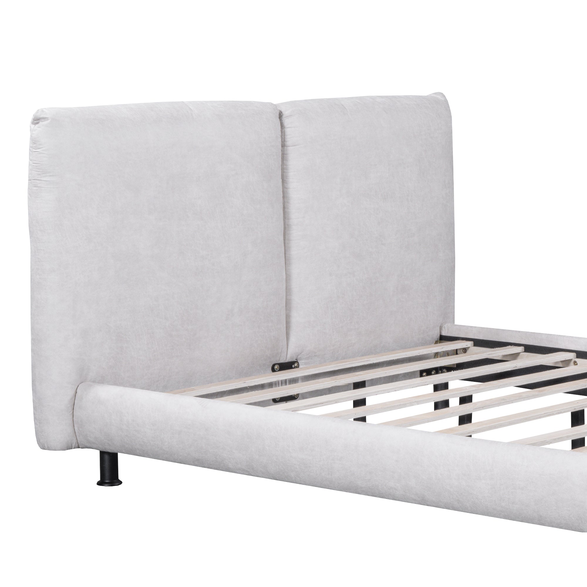 Queen Size Upholstered Platform Bed with Two Large Headrests and Thick Fabric, Polyester, Beige - Atlantic Fine Furniture Melbourne FL