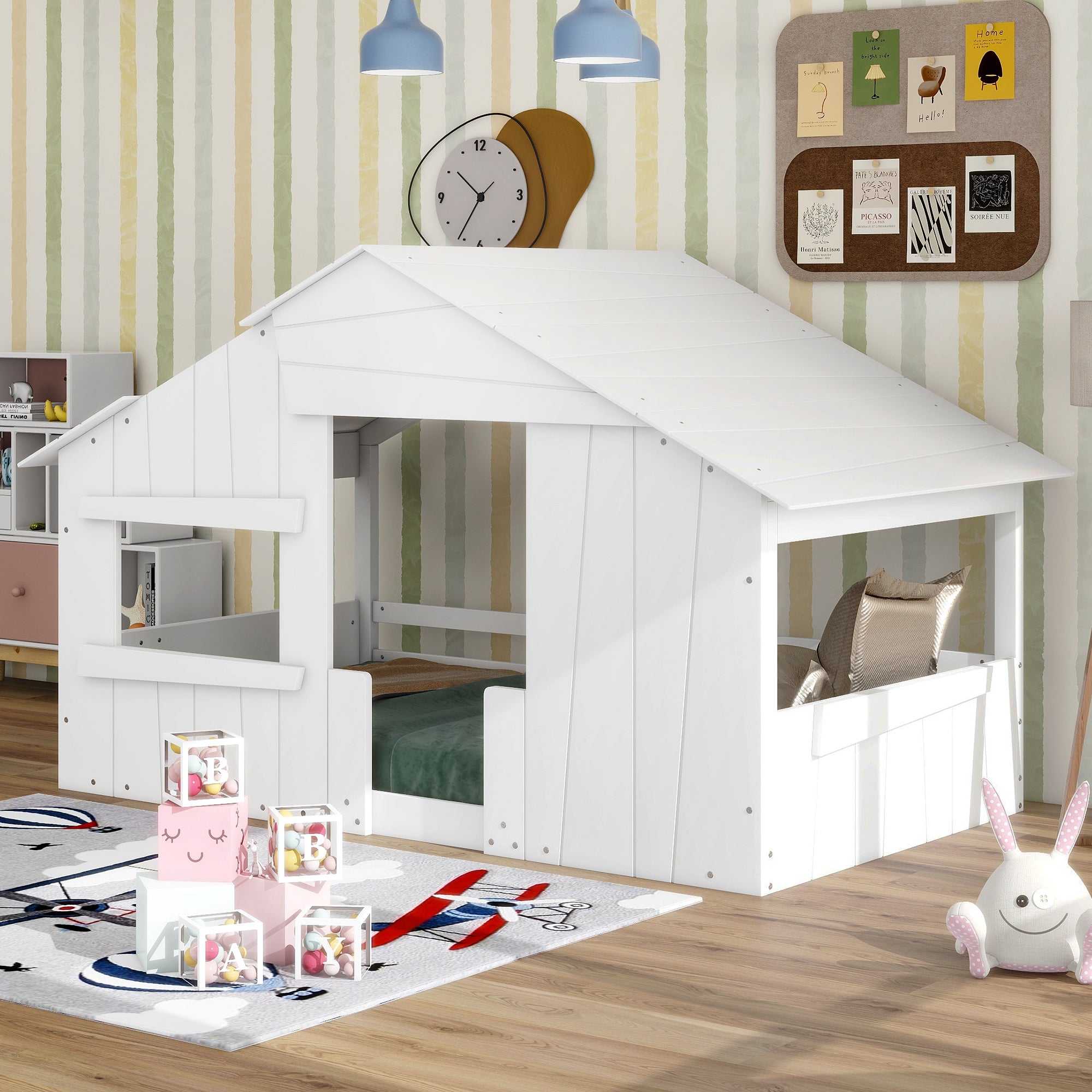 Wood Twin Size House Bed with Roof, Window and Guardrail, White - Atlantic Fine Furniture Melbourne FL