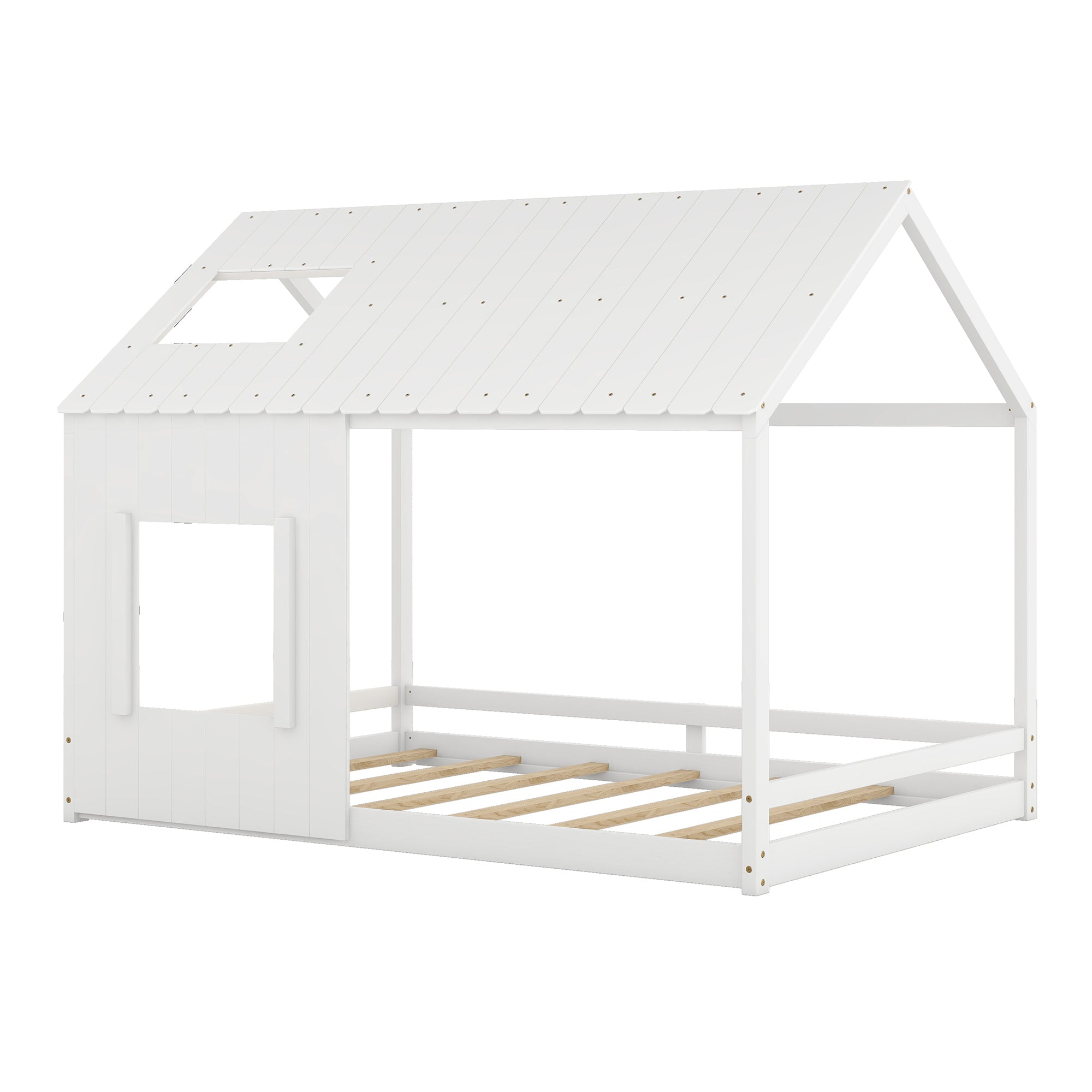 Full Size House Bed with Roof and Window - White