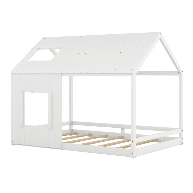 Full Size House Bed with Roof and Window - White
