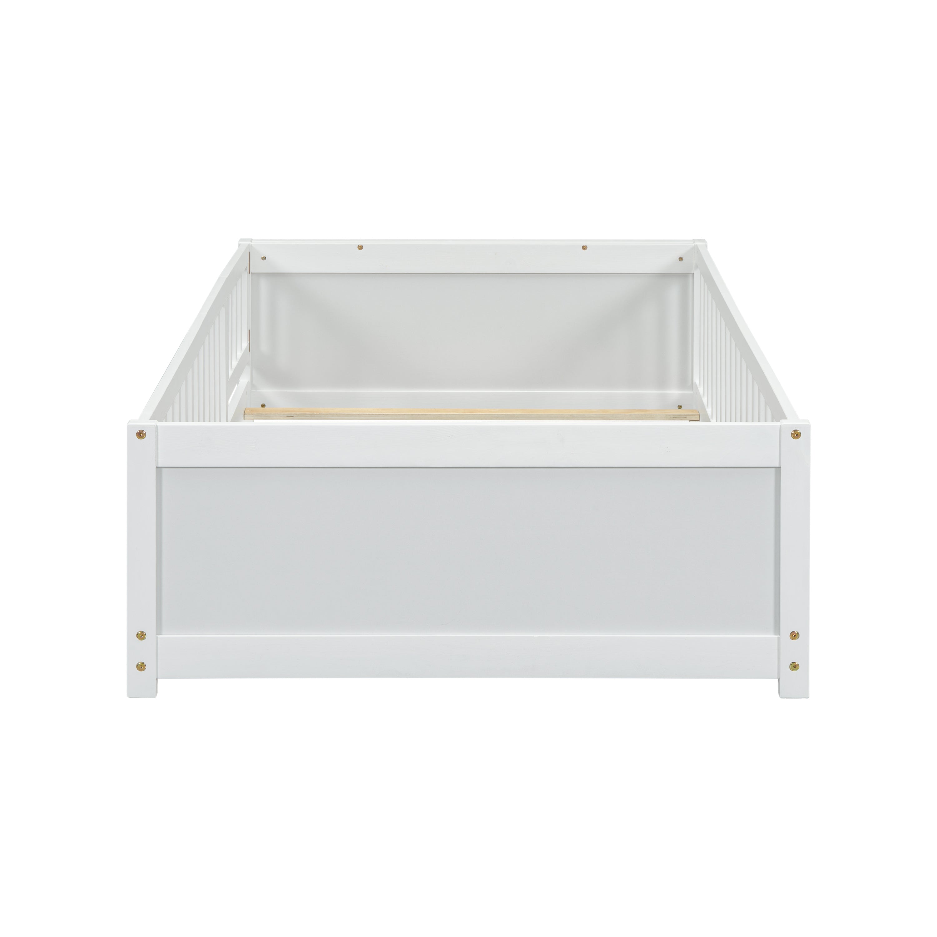 Twin size Floor Platform Bed with Built-in Book Storage Rack, Door,White