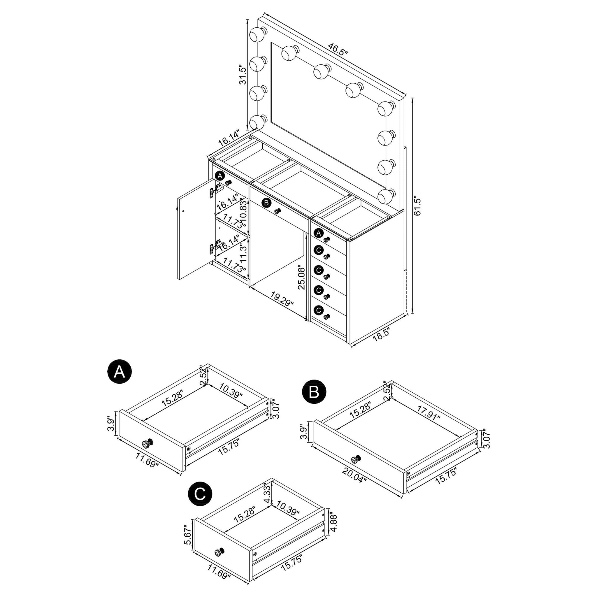 Acena 7-drawer Vanity Set with Lighting Grey High Gloss