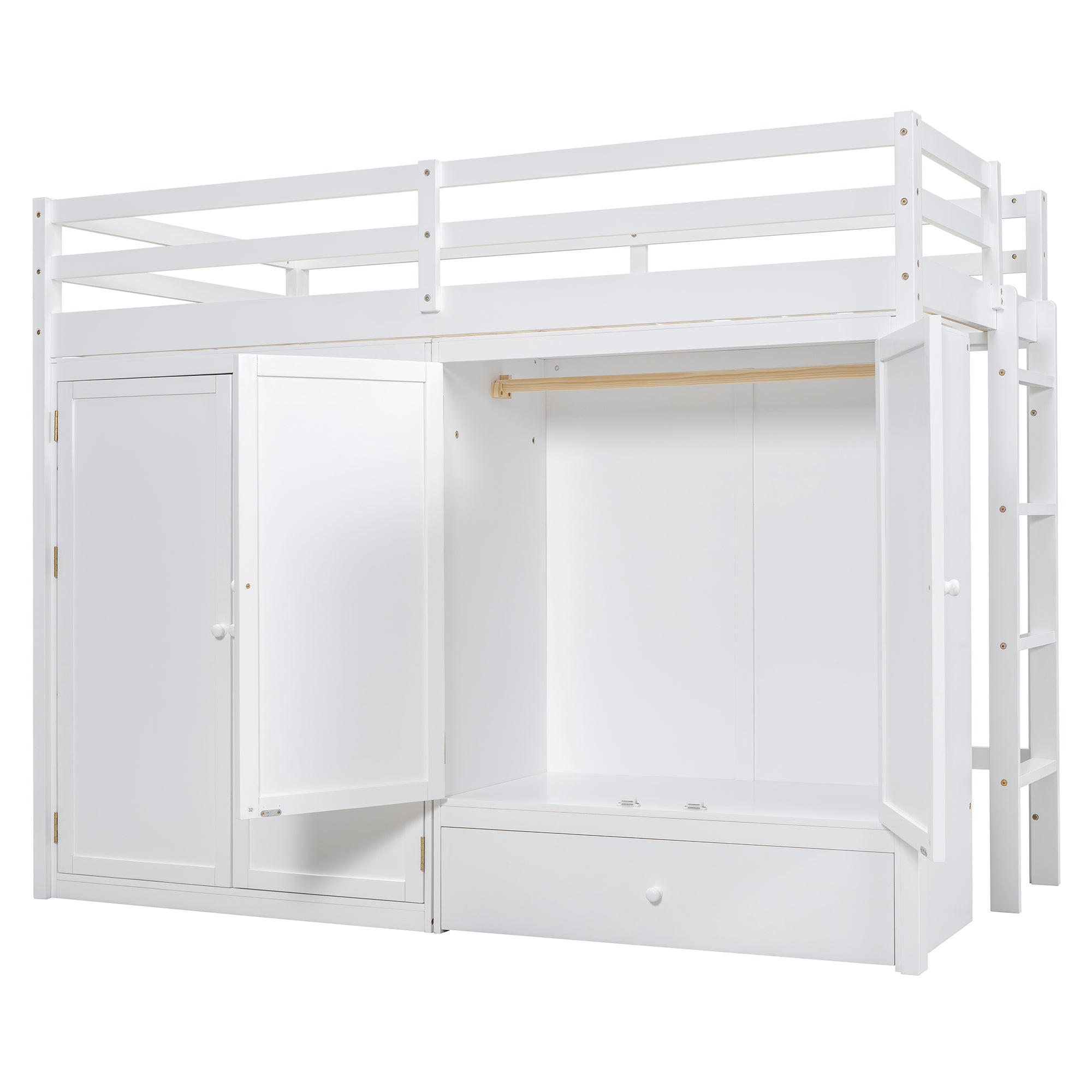 Twin size Loft Bed with Drawer, Two Wardrobes and Mirror, White - Atlantic Fine Furniture Melbourne FL