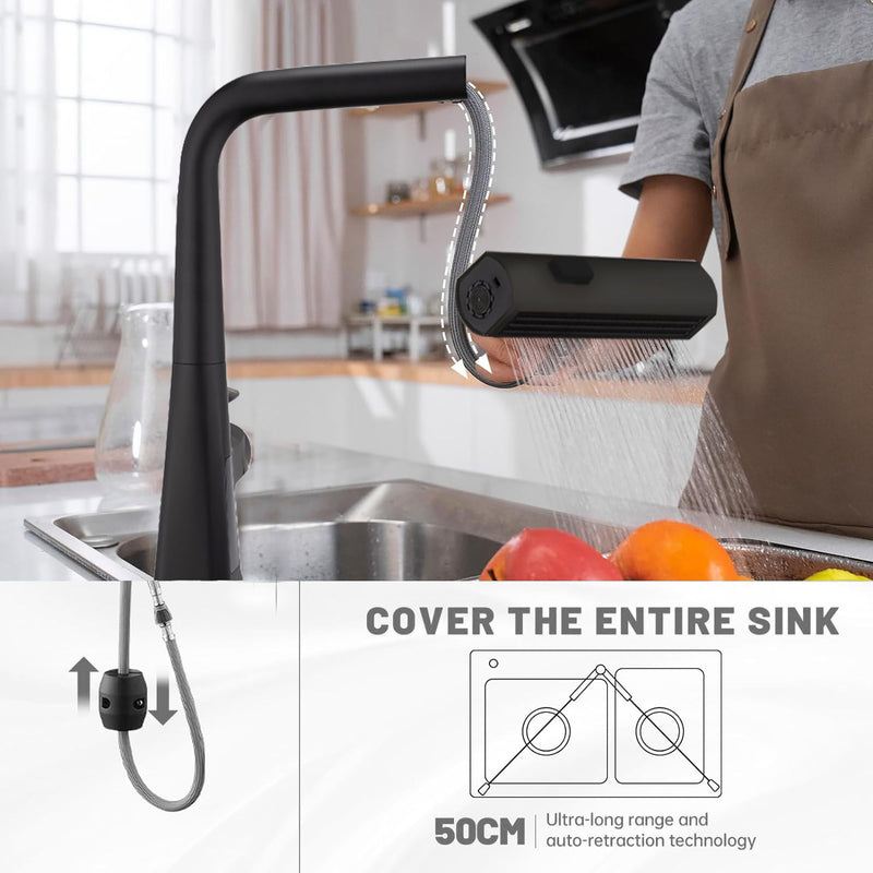Modern Waterfall Kitchen Faucet With Temperature Display And Pull Down Sprayer, Zinc Construction - Matte Black