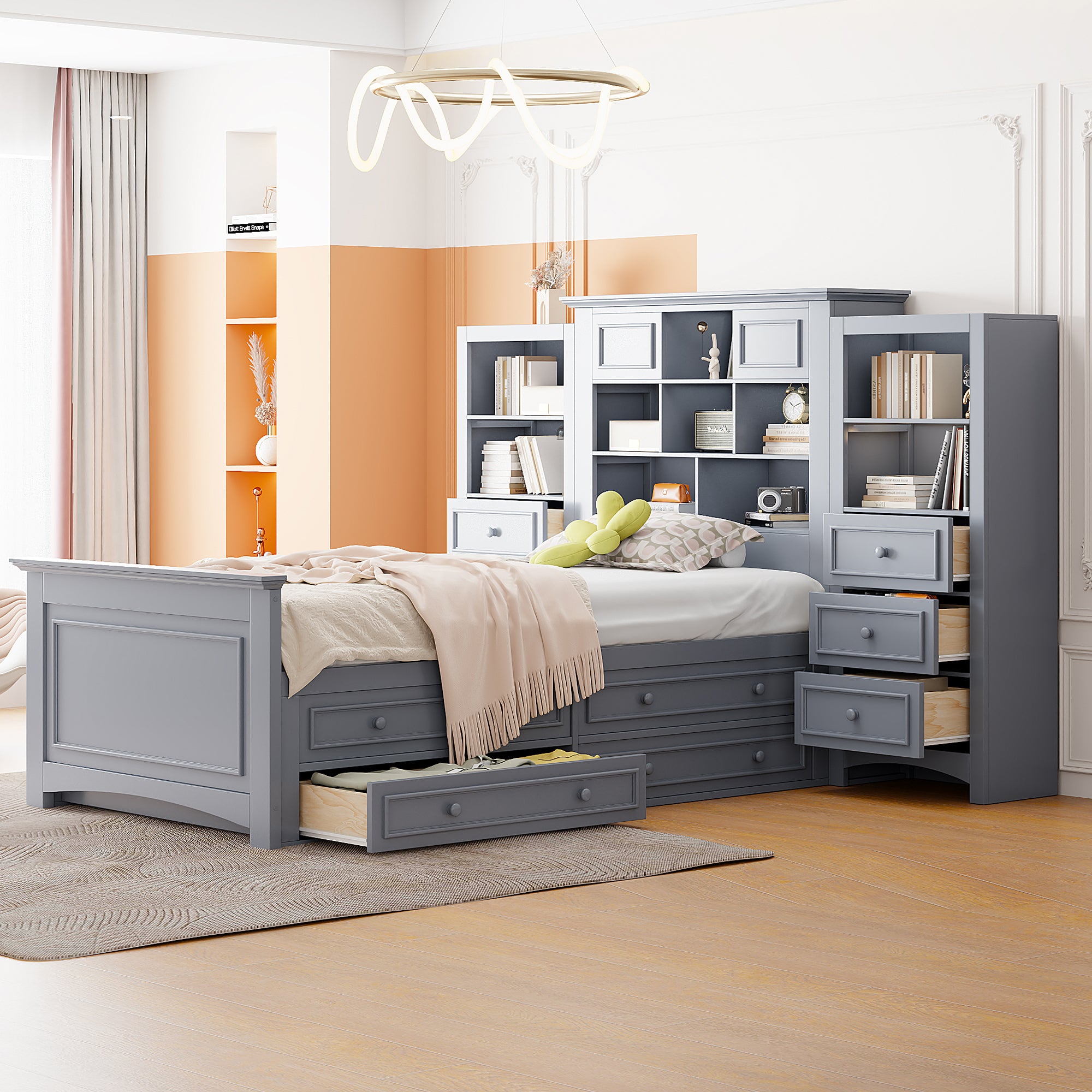 Twin Size Wood Platformbed with Vertical All-in-One Cabinet and 4 Drawers on each side, Gray - Atlantic Fine Furniture Melbourne FL