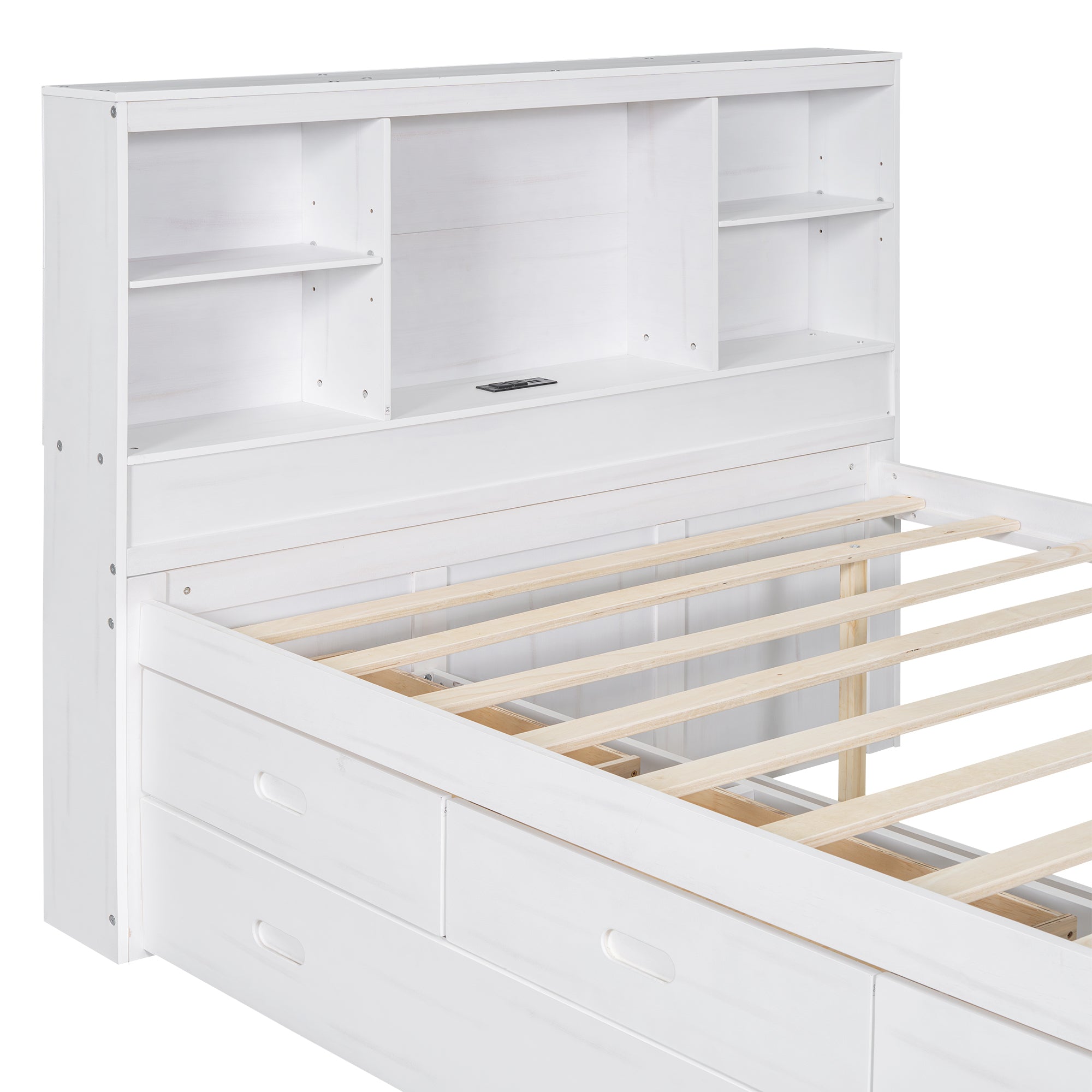 Full Size Platform Bed with Storage Headboard, Charging Station, Twin Size Trundle and 3 Drawers, Antique White - Atlantic Fine Furniture Melbourne FL