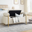 Elegant Upholstered Linen Storage Bench With Cylindrical Arms And Iron Legs, White