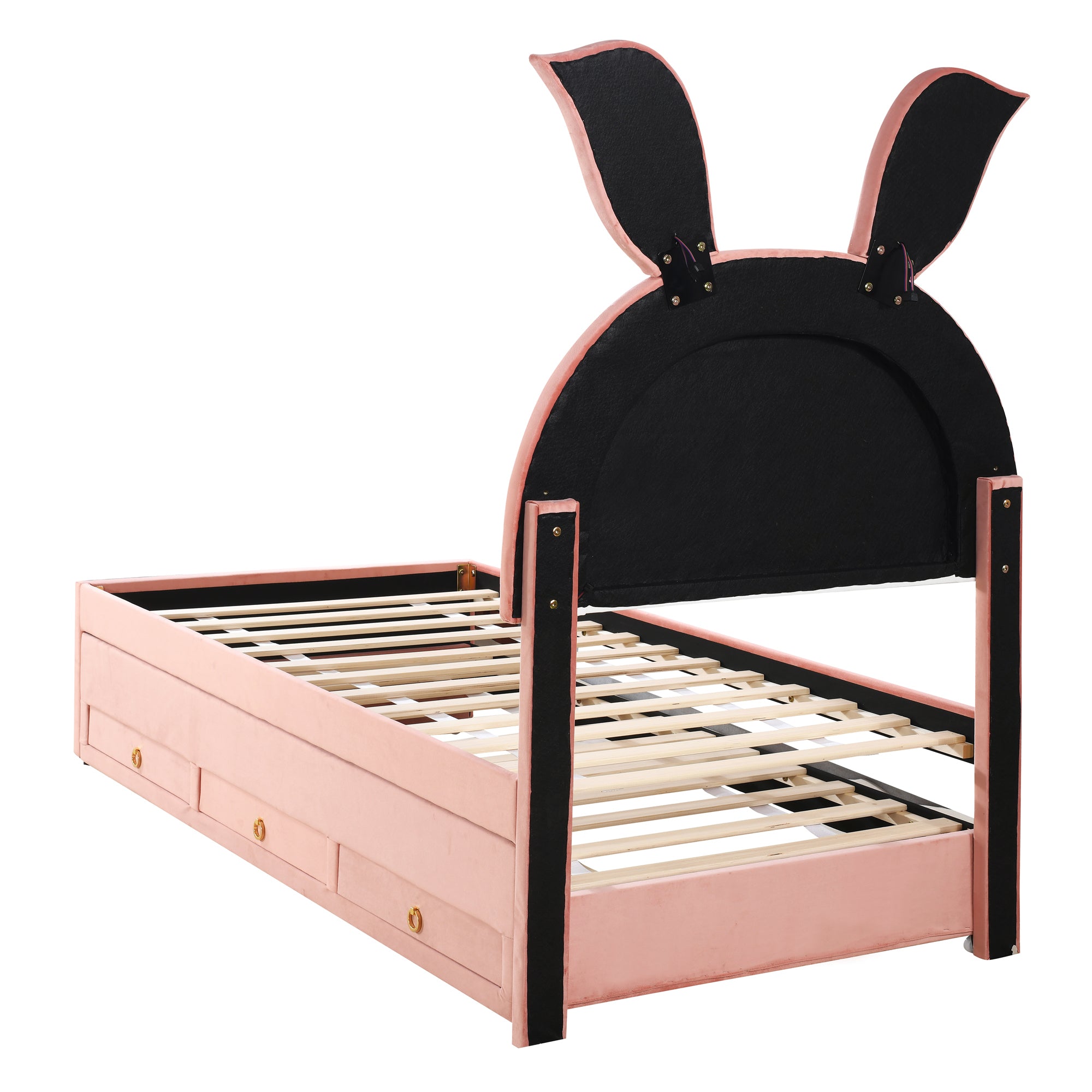 Twin Size Upholstered Platform Bed with Trundle and 3 Drawers, Rabbit-Shaped Headboard with Embedded LED Lights, Pink - Atlantic Fine Furniture Melbourne FL