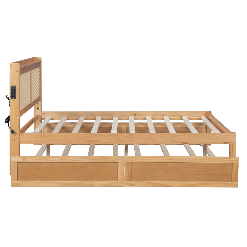 Full Size Elegant Bed Frame with Rattan Headboard and Sockets ,Walnut
