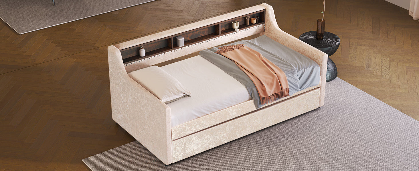 Twin Size Snowflake Velvet Daybed with Trundle and Built-in Storage Shelves,Beige - Atlantic Fine Furniture Melbourne FL