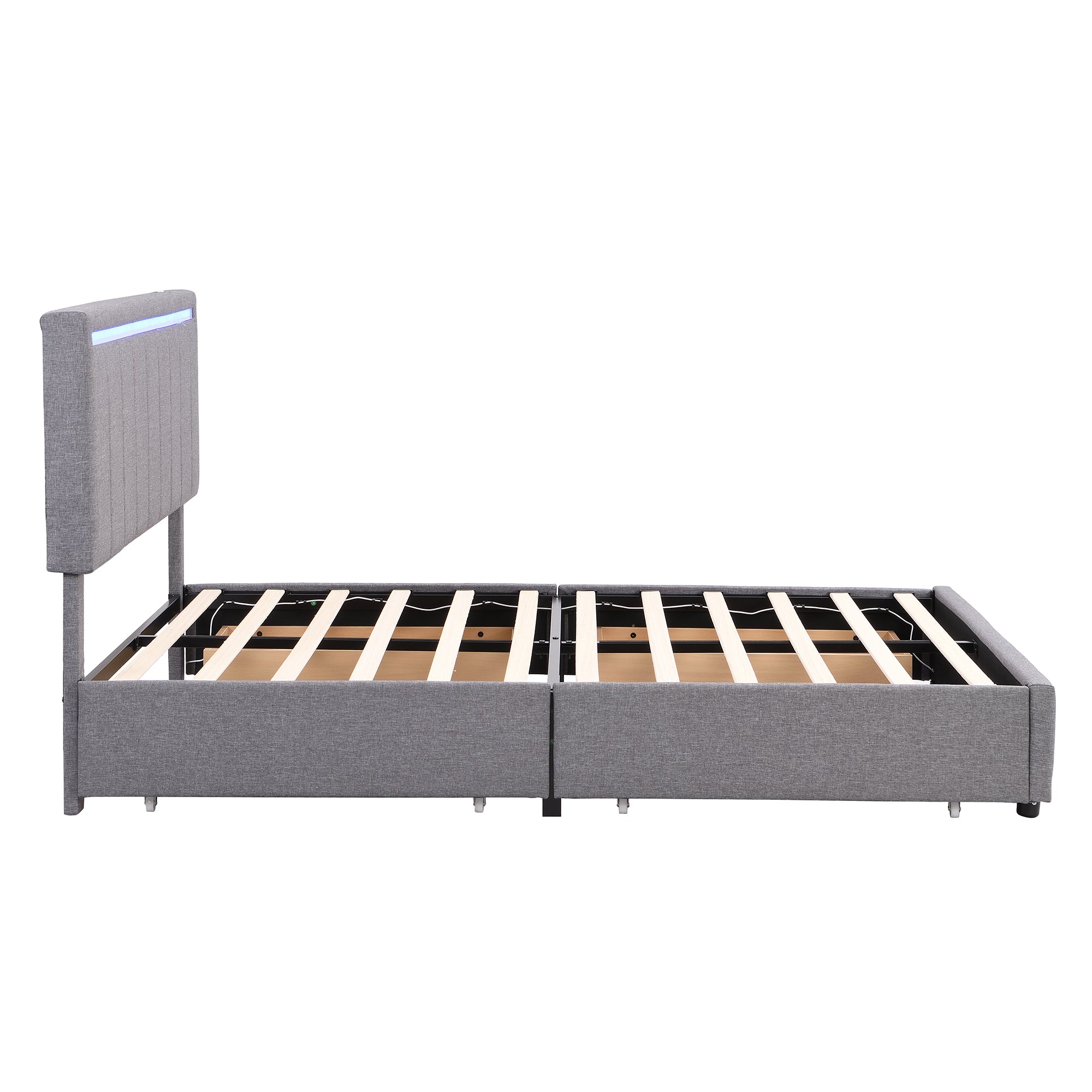 Queen Size Upholstered Bed with LED Light and 4 Drawers,  Modern Platform Bed with a set of Sockets and USB Ports, Linen Fabric, Beige - Atlantic Fine Furniture Melbourne FL
