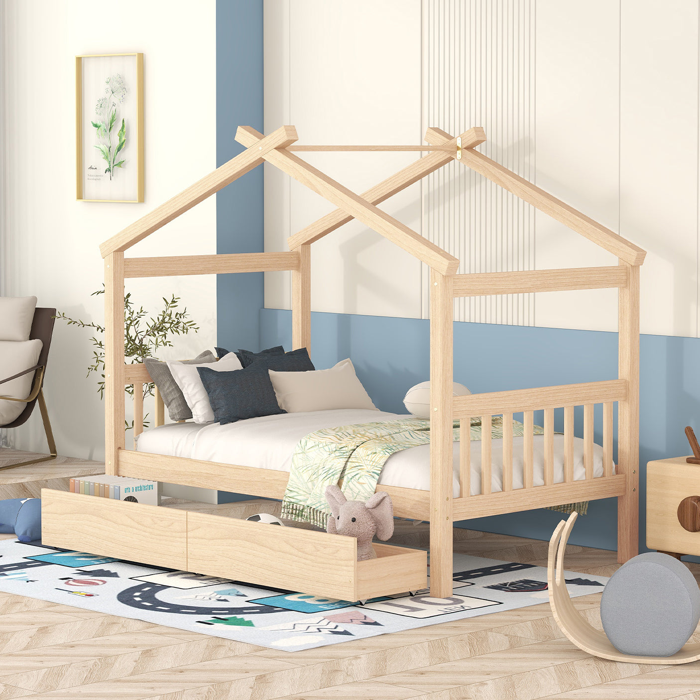 Twin Size Wooden House Bed with Drawers, Natural - Atlantic Fine Furniture Melbourne FL