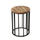Outdoor Cylindrical Side Table With Round Solid Wood Top And Metal Frame - Natural