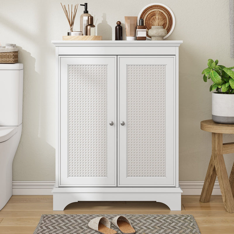 White 2 Door Rattan Storage Cabinet With Adjustable Partition, Medieval Modern Independent Buffet Cabinet, Multifunctional Decorative Cabinet Suitable For Living Room, Kitchen, Bathroom - White