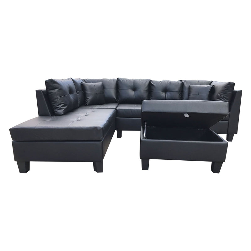 3 Piece Sofa With Left Chaise Lounge And Storage Ottoman, 2 Throw Pillows - Black