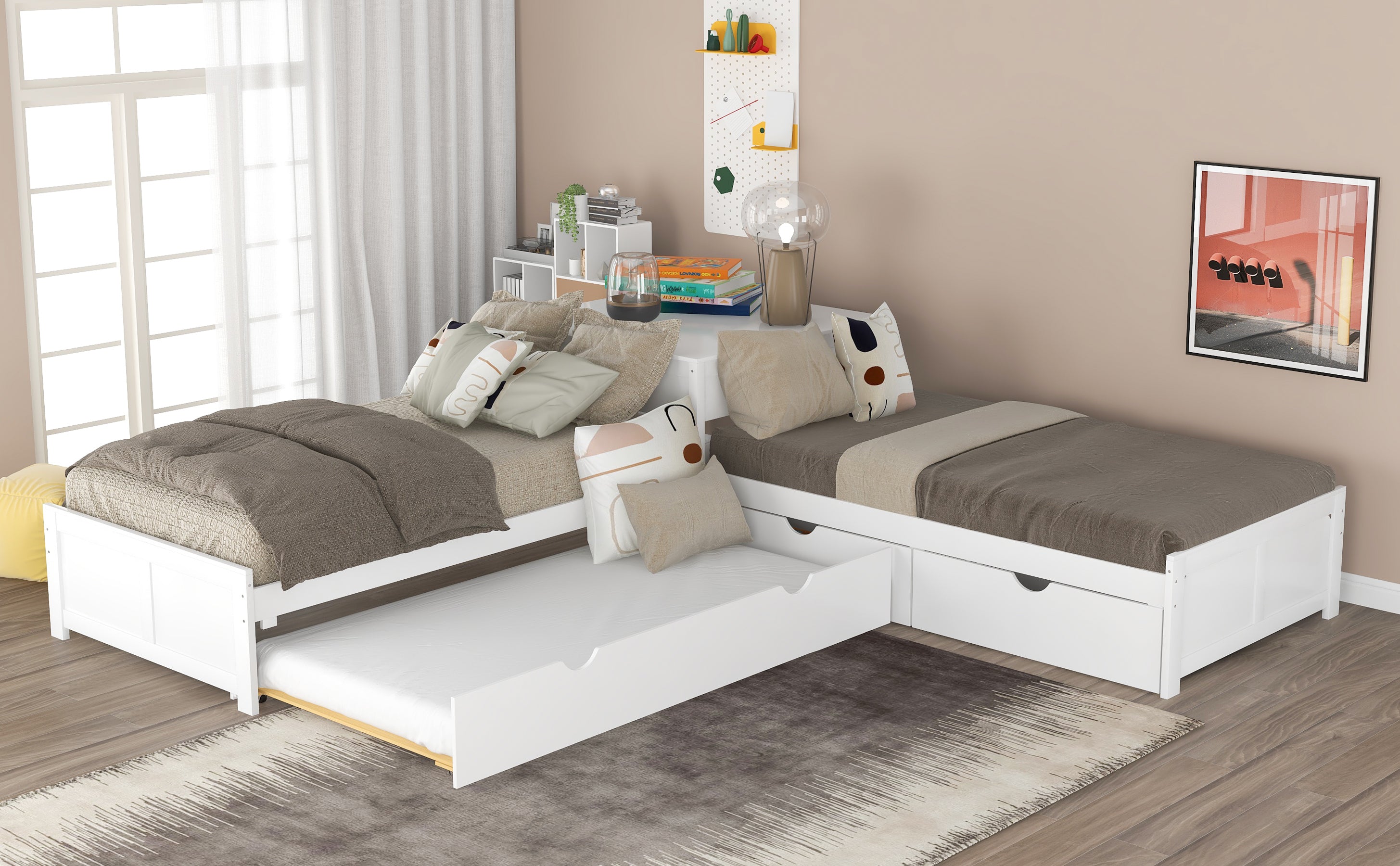 L-shaped Platform Bed with Trundle and Drawers Linked with built-in Desk,Twin,White - Atlantic Fine Furniture Melbourne FL
