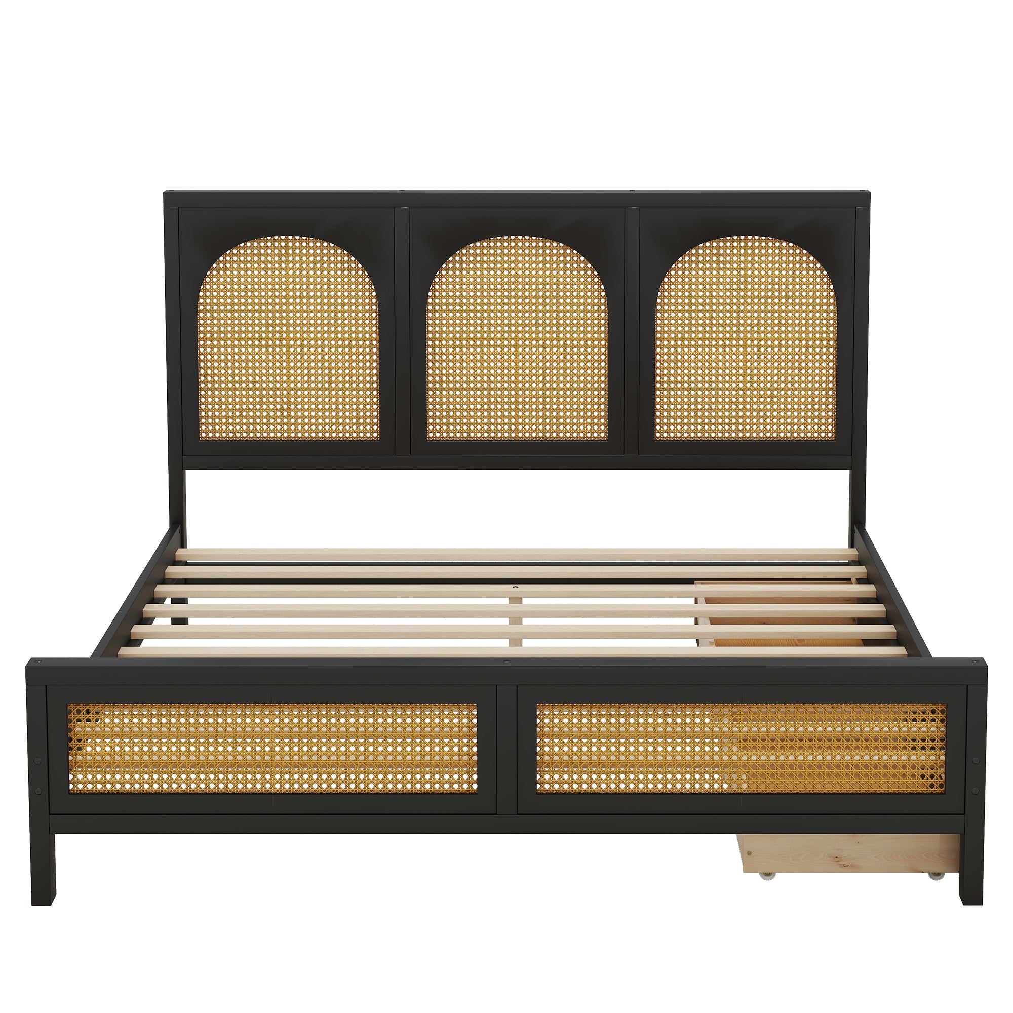 Queen Size Wood Storage Platform Bed with 2 Drawers, Rattan Headboard and Footboard, Black - Atlantic Fine Furniture Melbourne FL