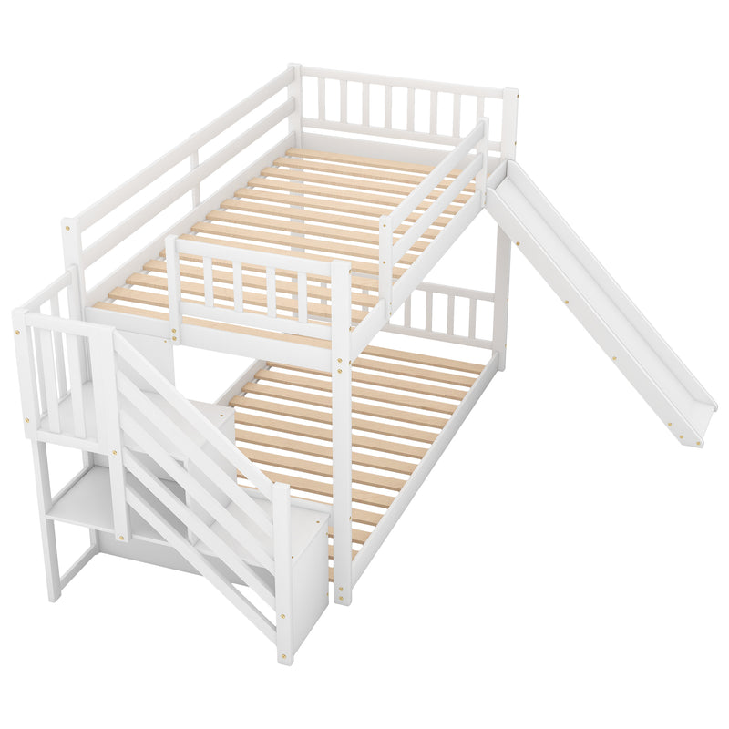 Twin over Twin Bunk Bed with Convertible Slide and Stairway, White