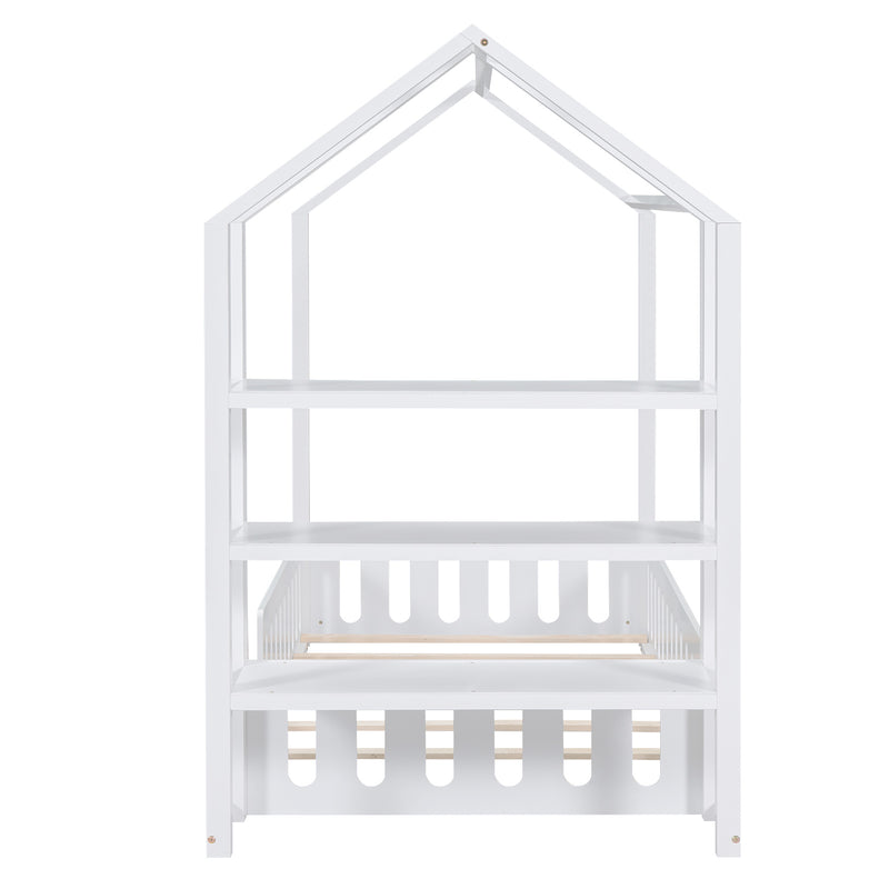 Twin Size Wood House Bed with Fence and Detachable Storage Shelves, White