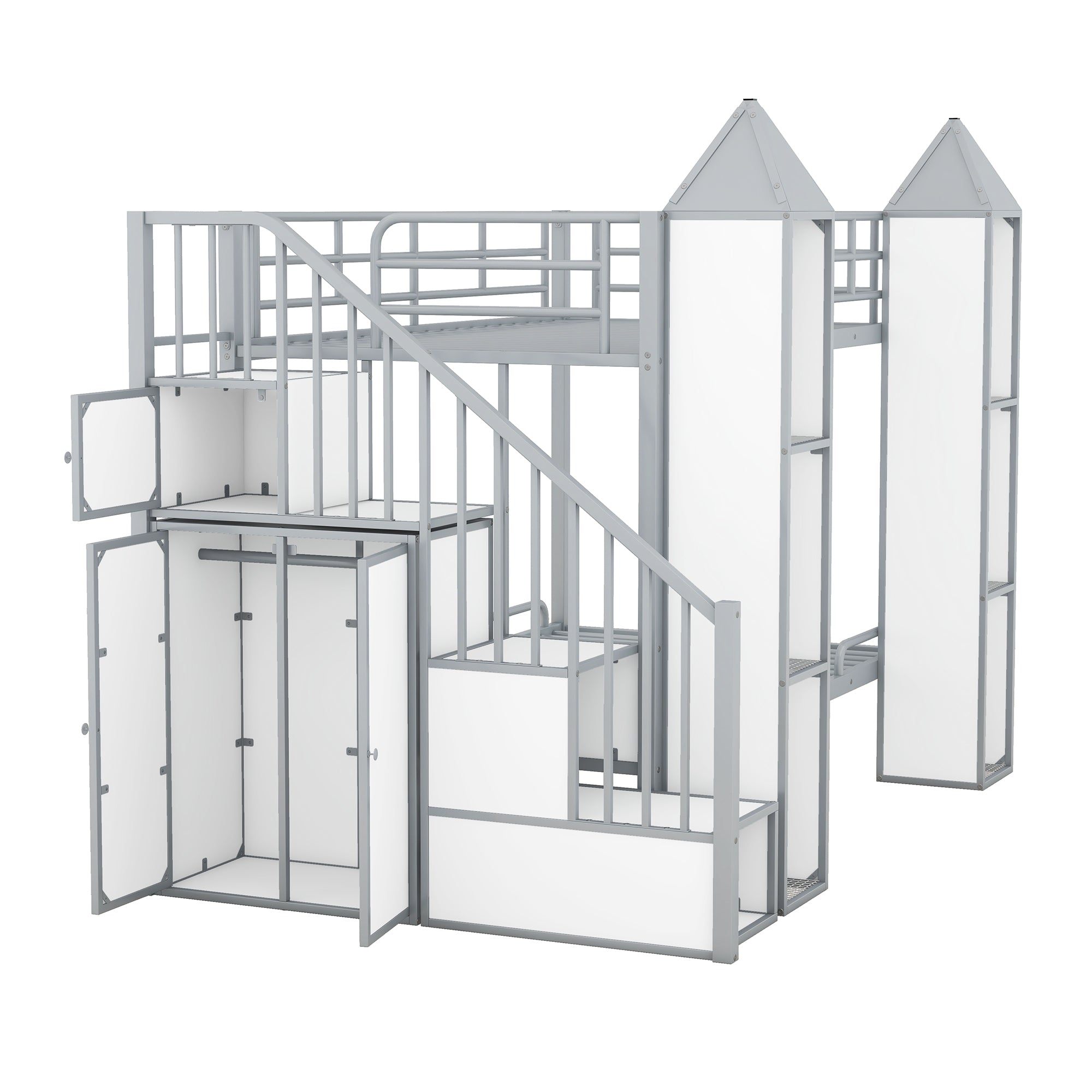 Metal Twin over Twin Castle-shaped Bunk Bed with Wardrobe and Multiple Storage, Gray+White - Atlantic Fine Furniture Melbourne FL