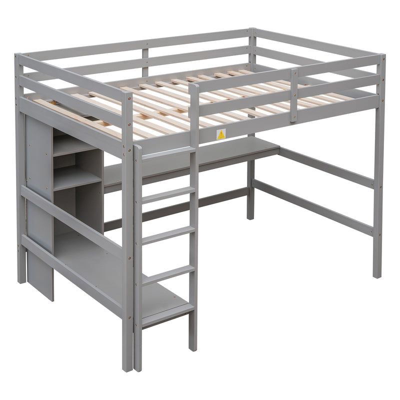 Full Size Loft Bed with Multifunction Shelves and Under-bed Desk, Gray