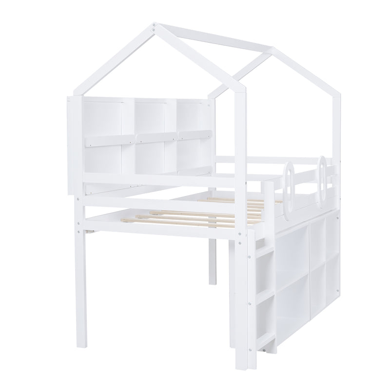 Twin Size House Loft Bed with Multiple Storage Shelves, White