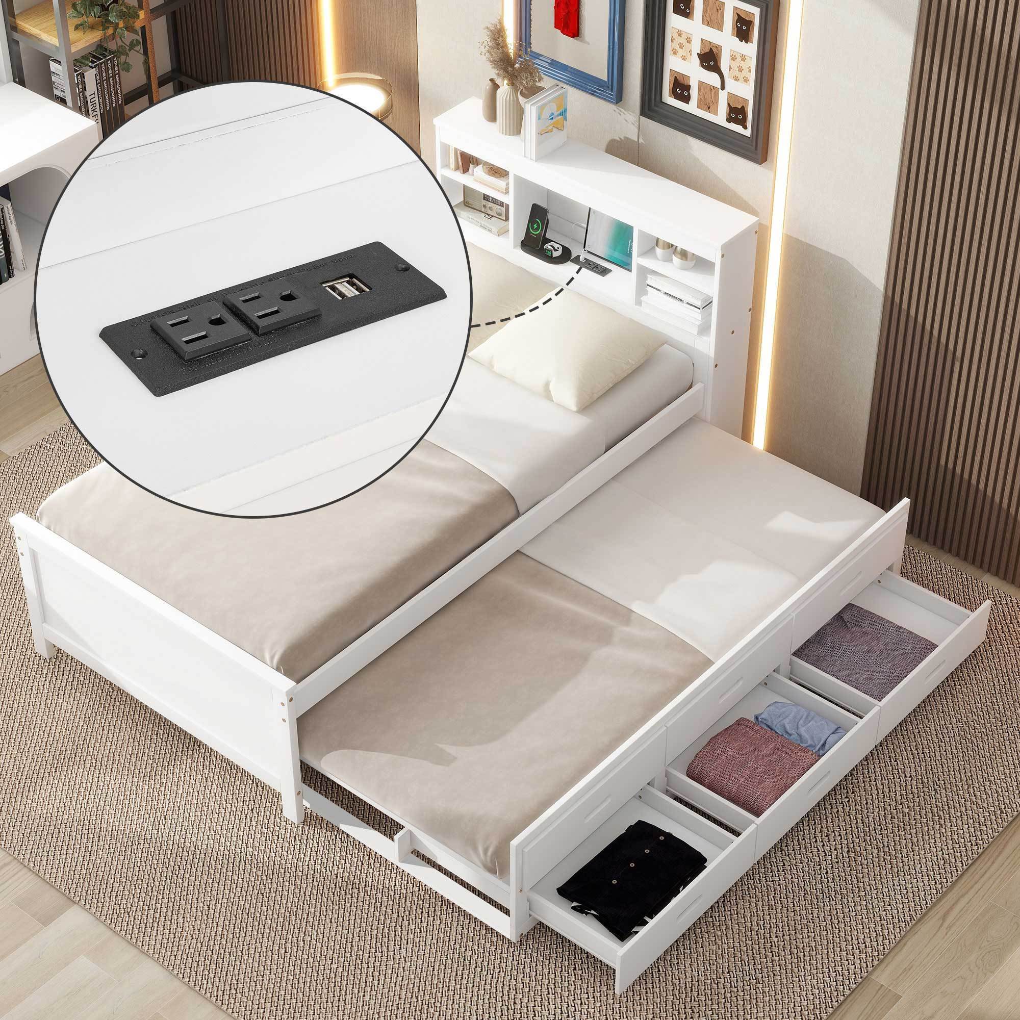 Twin Size Platform Bed with Storage Headboard, USB, Twin Size Trundle and 3 Drawers, White - Atlantic Fine Furniture Melbourne FL