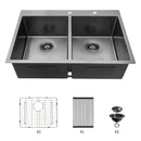 Double Bowl Drop In Kitchen Sink 33" X 22" With 16 Gauge Stainless Steel And 2 10" Deep Basins - Gunmetal Black