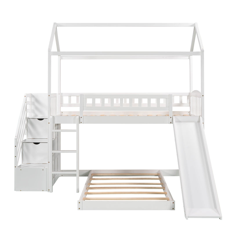 Twin Over Twin Bunk Bed with Two Drawers and Slide, House Bed with Slide, White(OLD SKU :LP000129AAK)