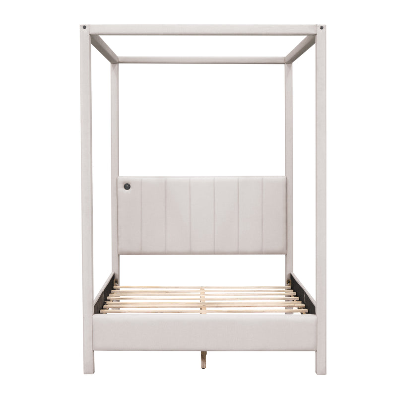 Full Size Canopy Platform Bed with USB and Type-C Ports, Canvas, Beige